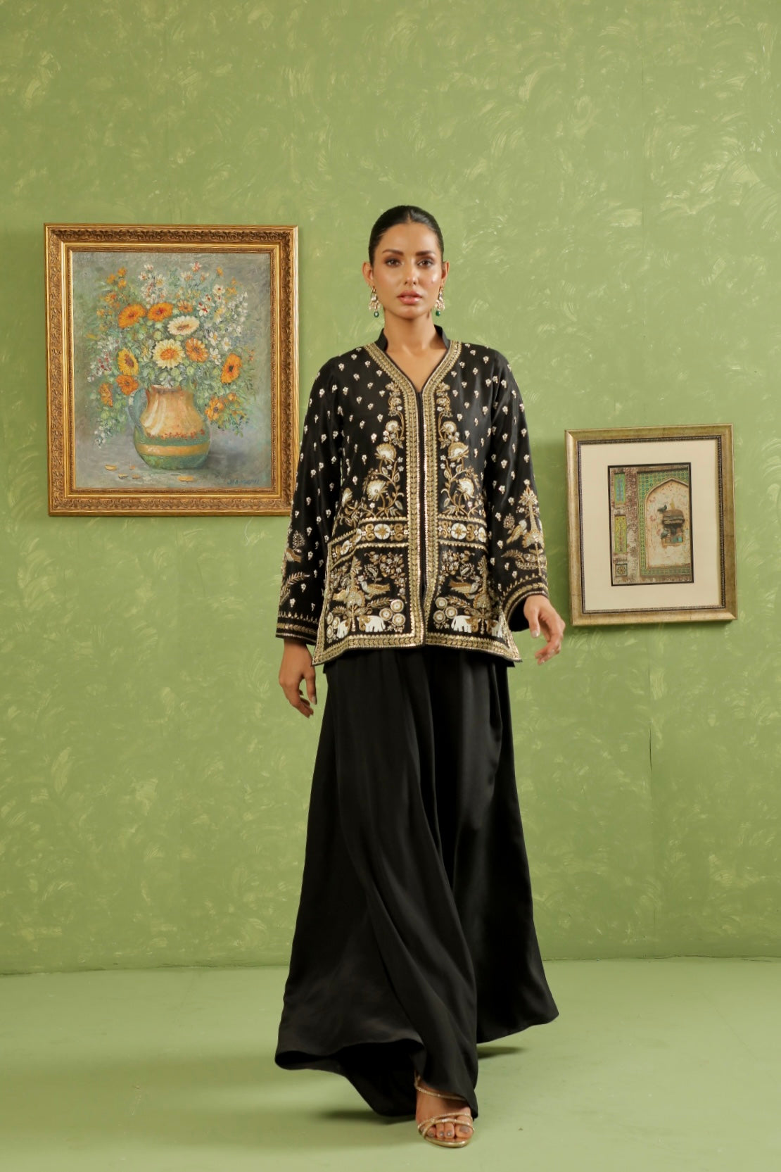 Black Jacket with Flowy Pants showing Movement 