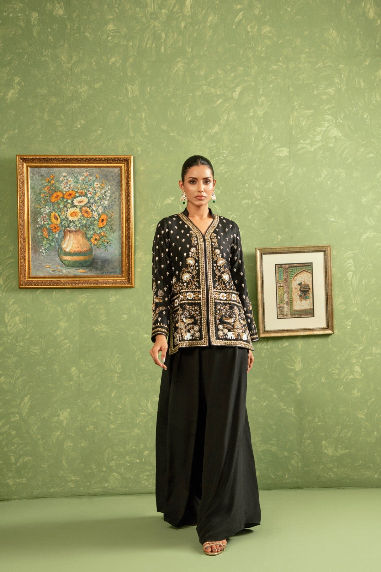 Black Handworked Jacket with flowy silk Pants