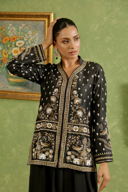 Black Silk Jacket Fully Handworked Front with Mughal Motives