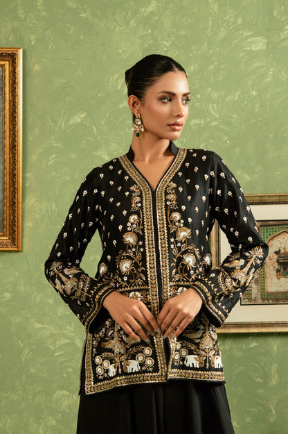 Black Handworked Jacket showing sleeve motive