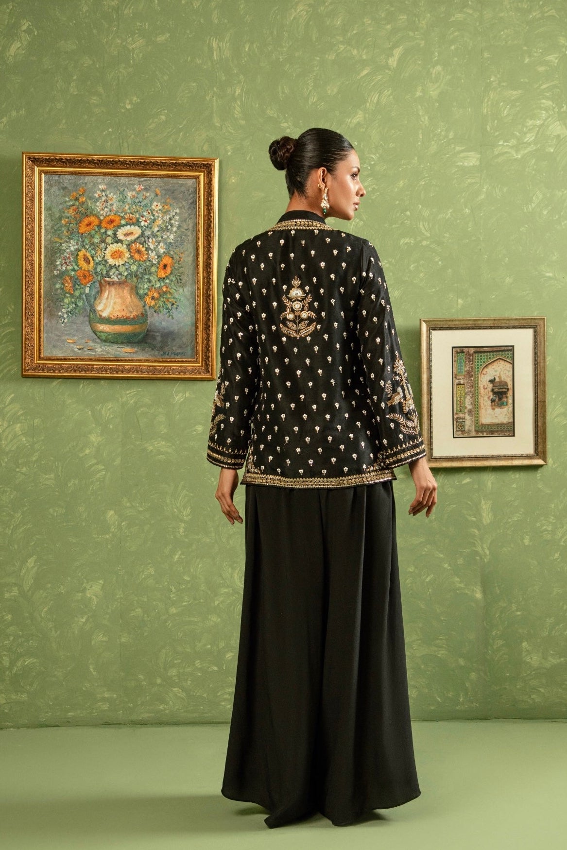 Black handworked jacket Raya - back view with motive 