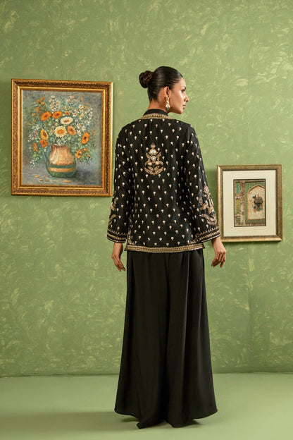 Black handworked jacket Raya - back view with motive 