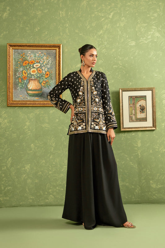 Black silk jacket fully handworked with flowy pants 