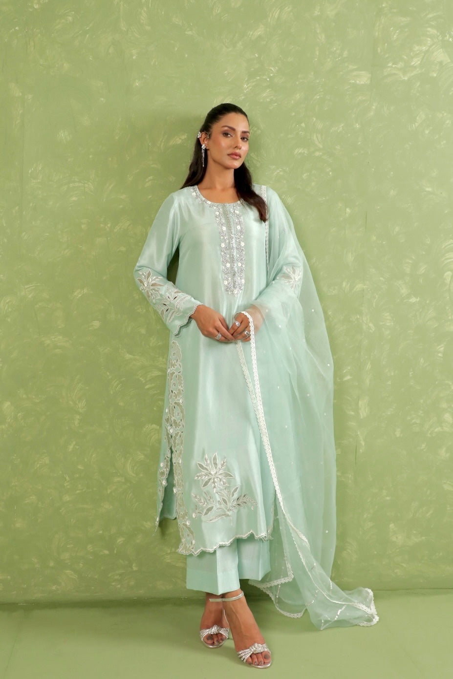 Light blue dress with cutwork, embroidery and hand embellishments with dupatta 