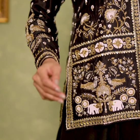 Black zardozi embroidered jacket with fluid pants 