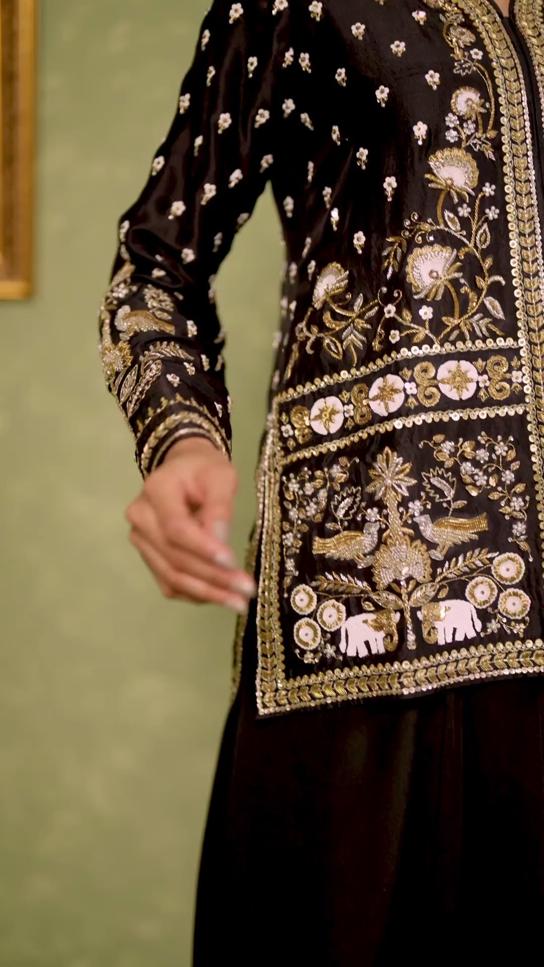 Black zardozi embroidered jacket with fluid pants 